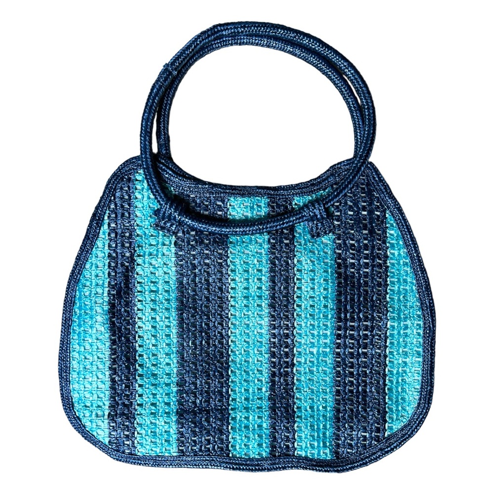 VTG Raffia Two Tone Blue Hoop Rope Handle Purse Bag Toggle